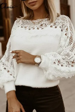 2023 Celmia Women Spring Plush Pullovers Sweaters Elegant Long Lantern Sleeve Shirt Tunic Fashion Lace Hollow Fur Top Streetwear