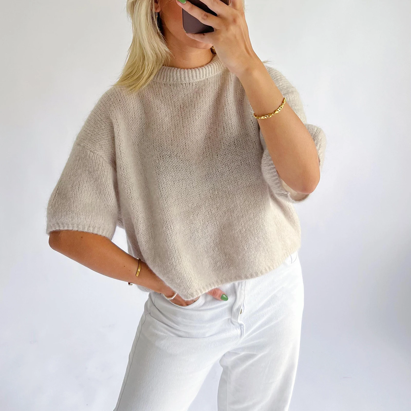 Imcute Women's Casual Sweaters Short Sleeve O Neck Knit Crop Tops Y2k Girls Pullover Shirts Knitwear Vintage Streetwear - Image 3