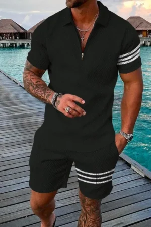 Fashion Mens Street Wear Summer Trendy Checkered Stripe Printed Sportswear Casual Zipper Collar Polo Shirt Shorts 2 Piece Set