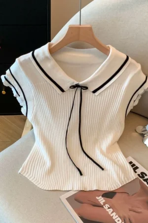 2026 New Summer Turndown Collar Double-layer Flying Sleeve Knitted Pullovers Lace Up Bow Solid Color Pullovers Tops