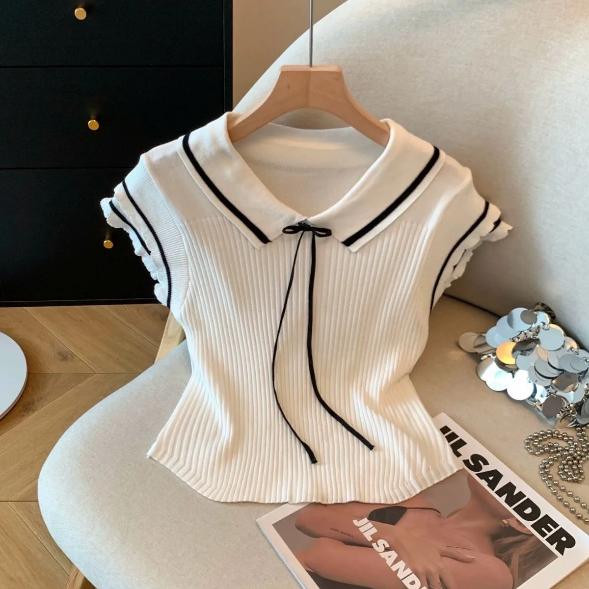 2026 New Summer Turndown Collar Double-layer Flying Sleeve Knitted Pullovers Lace Up Bow Solid Color Pullovers Tops