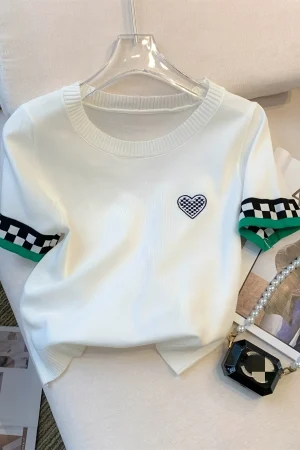 New Summer Heart Pattern Ribbed Pullover Sweater Casual Contrast Trim Crew Neck Short Sleeve Sweater Women's Clothing Crop Top