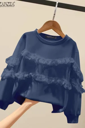 ZANZEA 2025 Autumn Women Ruffled Long Sleeve Hoodies Casual Loose Simple Sweety Girl Pullovers Harajuku Solid Color Sweatshirts