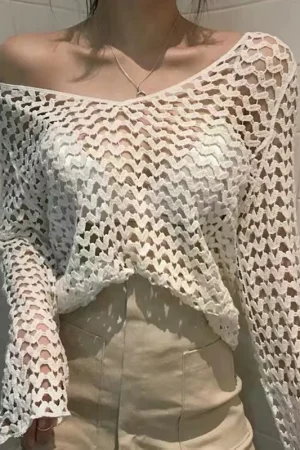 Sheer Crochet Top Long Sleeve Heart Embroidery Openwork Knitted Blouse Pullovers Women Summer Boho Vacation Beach Outfit