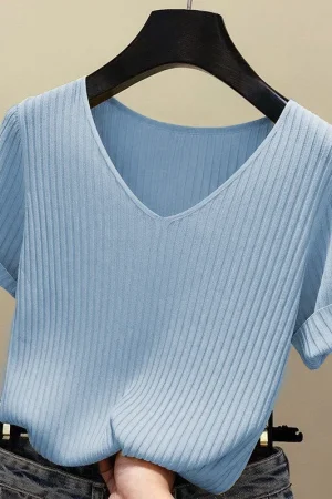 2025 Female Thin Knitted Ribbed Sweater Women Basic V-neck Solid Thin Summer Pullover Slim Short Sleeve Bodycon Sweater