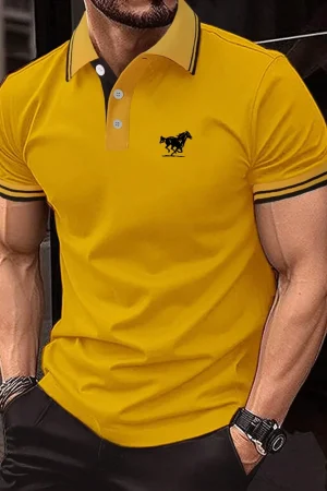 Men Horse Print Striped Trim Polo Shirt Short Sleeve Basic Modern Solid Color Golf Shirt Men's Clothing