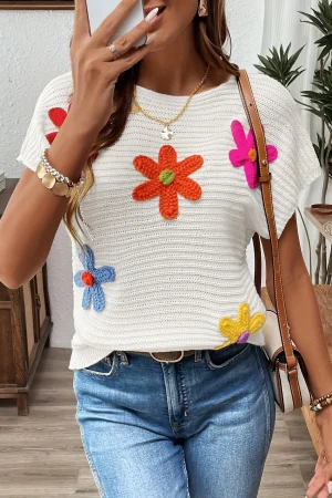 Autumn and Winter New Fashion Woman Sweater Floral Crochet Short Sleeve T-Shirt Loose Knit Pullover Top Women's Clothing