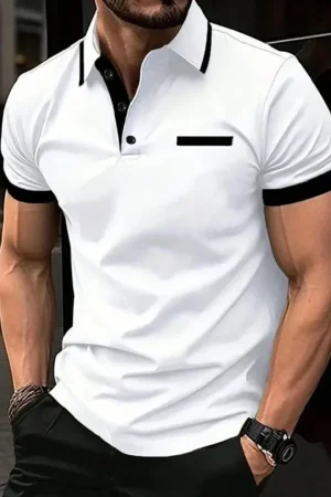 The 2025 summer new men's polo shirt is a casual sporty short-sleeved and fashionable basic color block patch