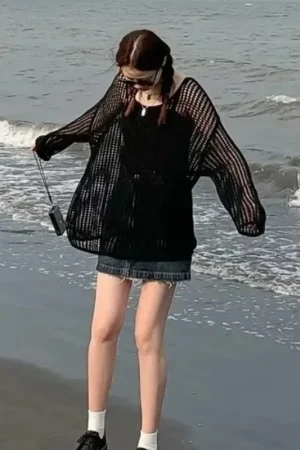 PTKPCC Female Personality Loose Casual Solid Pullovers Women Breathable Hollow Out Lazy Style Japanese Version Sweater Summer