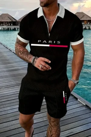 Fashion Luxury Men's Sets Casual Zip Short Sleeve Polo Shirts Shorts 2 Piece Outfit Men Sports Clothing Summer Street Loose Suit