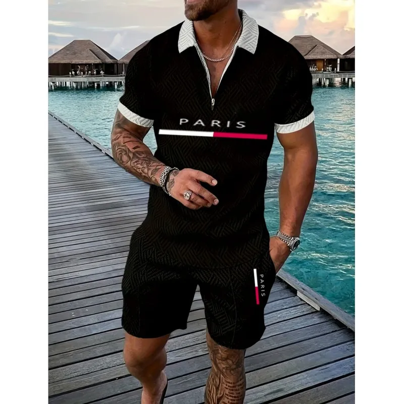 Fashion Luxury Men's Sets Casual Zip Short Sleeve Polo Shirts Shorts 2 Piece Outfit Men Sports Clothing Summer Street Loose Suit
