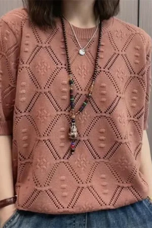 Spring Summer New Short-sleeved Women Sweater O-neck Jacquard Hollow Thin Knitwear Sweater Pullovers Lady Jumper Knitted Tops