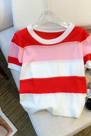 2026 New Strip Rainbow Hollow Out Crew Neck Pullover Sweater Versatile Short Sleeve Knitted Top For Spring & Women's Clothing