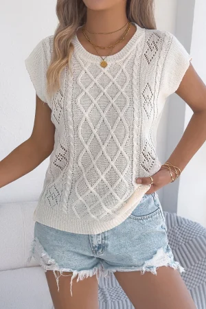 Summer Knitted Pullover Woman 2025 Casual Hollow Out Round Neck Twist Solid Color Short Sleeve Tops Apricot Khaki Woman Clothes