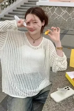 New Female Personality Loose Casual Solid Pullovers Women Breathable Hollow Out Lazy Style Japanese Version Sweater Summer