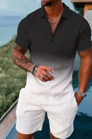 Solid Color Gradient Print Men Sweatsuit Set Summer Casual Zipper Polo Shirt And Shorts 2 pcs Sets Fashion Man Pullover Clothing