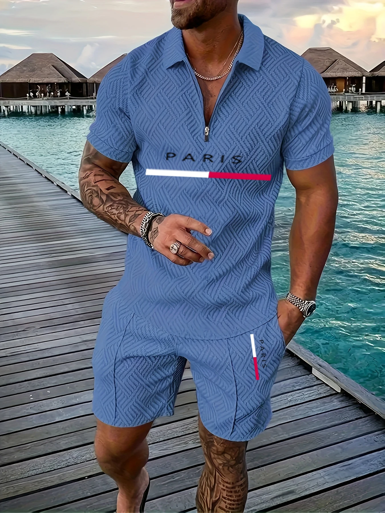 Fashion Luxury Men's Sets Casual Zip Short Sleeve Polo Shirts Shorts 2 Piece Outfit Men Sports Clothing Summer Street Loose Suit - Image 2