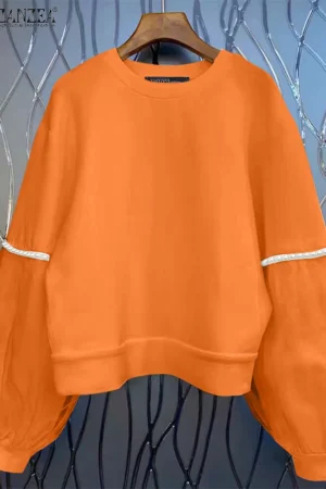 ZANZEA 2025 Autumn Women Sweatshirt Vintage Pearl Mesh Splicing Hoodies Fashiong Long Sleeve Pullovers Casual Korean Jumpers